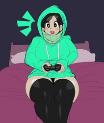 1girls black_hair captain_kirb chloe_(jadus) controller facing_viewer female female_focus female_only hoodie light-skinned_female light_skin looking_at_viewer oc original original_character pale-skinned_female pale_skin short_hair simple_background solo solo_female solo_focus thick_thighs thighhighs wide_hips