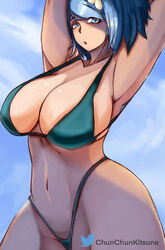 1girls alternate_breast_size armpits arms_behind_head big_breasts bikini blue_bikini blue_eyes blue_hair blue_swimsuit busty chunchunkitsune curvy female female_only huge_breasts lana's_mother_(pokemon) mature mature_female navel nintendo pokemon pokemon_sm pose posing sensual sideboob skindentation sleesart solo swimsuit thick_thighs voluptuous