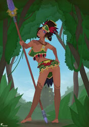 1girls anus awilix_(smite) functionally_nude jungle looking_at_viewer mayan_mythology mythology partially_clothed pornclake pussy smite solo spear standing weapon