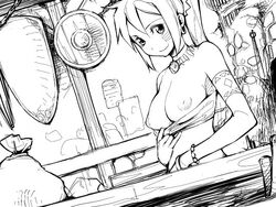 1girls bandeau bandeau_pull big_breasts bikini_pull breasts busty clothing come_hither etrian_odyssey exhibitionism female female_only flashing large_breasts looking_at_viewer monochrome naughty_face nipples ponytail puffy_nipples shilleka smile solo teasing top_pull tribal yurikawa