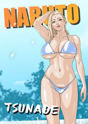 1girls alternate_hairstyle arm_up bare_arms bare_legs bare_shoulders big_breasts bikini blue_bikini blue_sky breasts character_name cleavage clothed_female copyright_name curvaceous curvy curvy_body curvy_female curvy_figure facial_mark female female_only forehead_jewel forehead_mark hair_down hand_on_hair hand_on_head highleg highleg_bikini huge_breasts light_particles lipstick looking_at_viewer loose_hair makeup mature mature_female midriff naruto naruto_(series) naruto_shippuden one_arm_up parted_lips pubic_hair pubic_hair_peek saburo_des shiny shiny_hair shiny_skin shounen_jump skindentation sky smile smiling_at_viewer solo solo_focus sunlight swimsuit text trees tsunade underboob walking walking_towards_viewer water wet wet_body wet_hair wet_skin