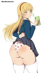 1girls ass ass_focus big_ass big_butt blazer blonde_hair blush bottom_heavy box_wonderland fat_ass female fully_clothed green_eyes grey_skirt heanna_sumire huge_ass large_ass legwear lifted_by_self long_hair looking_at_viewer love_live! love_live!_superstar!! panties phone school_uniform schoolgirl selfie skirt skirt_lift solo solo_female solo_focus strawberry strawberry_panties strawberry_print thick thick_ass thick_thighs thighhighs thighs white_background white_legwear white_thighhighs wide_hips