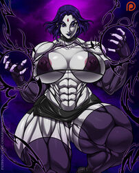 abs big_breasts big_muscles blue_eyes dc dc_comics elbow_gloves fingerless_gloves gloves goth goth_girl grey_skin looking_at_viewer muscles muscular_female muscular_thighs osmar-shotgun pale-skinned_female pale_skin purple_hair rachel_roth raven_(dc) straight_hair teen_titans thigh_highs