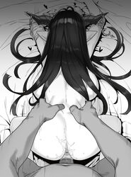 1boy all_fours anus ass backboob breasts censored danua doggy_style draph female from_behind granblue_fantasy greyscale heart hearts highres horns houtengeki large_breasts long_hair male_pov monochrome nude pointy_ears pov pussy sex sex_from_behind solo_focus torso_grab vaginal_penetration