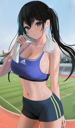 1girls adidas arms_behind_back arms_up blush bra female female_only gym_clothes long_hair looking_at_viewer open_mouth solo sports_bra sportswear sweat sweatdrop tokkihouse towel twintails wet