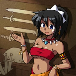 1girls atlus bandeau bikini black_hair blue_eyes breasts chiki_(chikibw) cleavage curvy dark-skinned_female etrian_odyssey female female_only hand_on_hip hips jewelry medium_breasts navel necklace open_clothes ponytail pose red_bikini shilleka smile swimsuit tribal underboob weapon