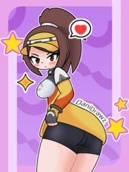 alternate_version_available annoyed ass big_ass big_butt bike_shorts black_shorts brown_eyes brown_hair character_request danidrawz latex latex_thighhighs pokemon pokemon_trainer pokemon_unite ponytail shorts white_skin