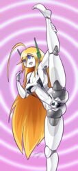 bikini blonde_hair breasts cave_story cow_outfit curly_brace female lactating lactation leg_up leggings robot robot_girl tagme zedrin