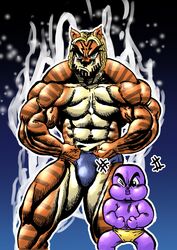 2boys abs amphibian amphibian_humanoid anthro bengela_(goudadunn) biceps blonde_hair flexing frog frog_boy frog_humanoid furry goudadunn hi_res male male_only muscular muscular_male muscular_thighs pignose_frog revo-revolution tenny_(goudadunn) tiger