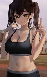 1girls arms_up blush bra breasts cleavage female female_only gym_clothes long_hair looking_at_viewer open_mouth peace_sign solo sports_bra sportswear sweat tagme tokkihouse twintails wet