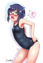 ! a-chan_(hololive) blue_eyes blue_hair blushing embarrassed female glasses hololive hololive_staff ribbon simple_background small_breasts swimsuit virtual_youtuber