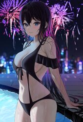 aerial_fireworks bare_shoulders bikini black_bikini black_hair black_swimsuit blue_eyes blurry breasts cleavage clothing cowboy_shot depth_of_field female fireworks front-tie_bikini front-tie_top high_resolution large_breasts long_hair looking_at_viewer mole mole_under_eye navel original partially_submerged smile solo standing stomach swimsuit tagme tokkihouse very_long_hair wading water wet