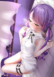 absurdres after_masturbation bangs blush breasts closed_mouth curtains dress ear_piercing female flat_chest green_eyes hair_ornament hairclip highres holoforce hololive hololive_japan indoors long_hair lying night nipples on_back on_bed one_breast_out piercing purple_hair small_breasts solo tokoyami_towa twintails virtual_youtuber wavy_hair window yukimi_papino