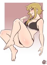 1girls black_bra black_panties blonde_female blonde_hair bra deepbeef light-skinned_female medusa_gorgon milf panties scruffyturtles seductive_smile short_hair solo solo_female solo_focus soul_eater