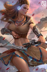 1girls abs aloy alternate_breast_size armlet arrow athletic_female bare_midriff bare_thighs belly belly_button big_breasts blue_eyes bow bow_and_arrow braided_hair cleavage clothed clothing collarbone crop_top dark_blonde dark_blonde_hair dirty_blonde dirty_blonde_hair earpiece eyeshadow female female_focus female_only fully_clothed guerrilla_games high_tech horizon_zero_dawn image long_hair midriff muscular_female navel necklace nopeys red_hair sandy_blonde sandy_blonde_hair skirt solo solo_female solo_focus sony_interactive_entertainment thighs watermark