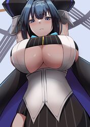 1girls arms_up black_hair blue_eyes bondage female from_below fully_clothed hololive hololive_english hololive_english_-council- hololive_english_-promise- huge_breasts looking_at_viewer ouro_kronii satou_rin_(gobugabuge) solo solo_female underboob underboob_cutout virtual_youtuber worm's-eye_view