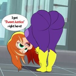 1girls ass barbara_gordon batgirl bent_over big_ass bodysuit cartoon_network costume dc dc_comics dc_super_hero_girls dialogue female female_only from_behind looking_at_viewer magicapencil pantylines smile solo speech_bubble warner_brothers