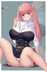 1girls ass bangs bare_legs fire_emblem fire_emblem:_three_houses garreg_mach_monastery_uniform hilda_valentine_goneril huge_breasts large_ass long_hair looking_at_viewer nintendo panties pantyshot pantyshot_(sitting) partially_visible_vulva pink_eyes pink_hair porblee smile solo spread_legs twintails upskirt white_panties