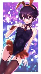 1boy black_hair blush bulge bulge_through_clothing bunny_ears bunnysuit crossdressing femboy jojo's_bizarre_adventure narancia_ghirga purple_eyes seta_makoto skin_tight skindentation smile solo solo_male thighhighs trap vento_aureo