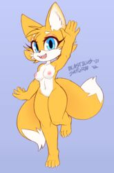 anthro blasticussaturn blue_eyes breasts canid canine countershading dipstick_tail female fox fur genitals hi_res looking_at_viewer mammal medium_breasts mtf_crossgender multi_tail multicolored_tail navel nipples nude orange_body orange_fur pussy raised_arm raised_leg rule_63 sega signature simple_background solo sonic_(series) tails tailsko