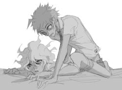 2boys ass_up danganronpa danganronpa_2:_goodbye_despair doggy_style gay greyscale hinata_hajime implied_sex male male/male male_only monochrome nagito_komaeda on_bed on_front on_top pants_down sex straight_hair wide_eyed yaoi yndr4hope