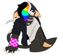 ambiguous_gender armwear black_fur black_hair blue_eyes ears_down fangs feline feline_penis heart_marking heart_tattoo piercings pink_collar rainbow_hair scourge_(warriors) serfuzzy spiked_collar tank_top tank_top_lift warriors_(cats) white_fur