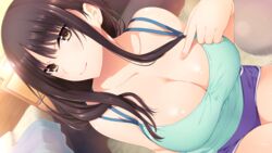 16:9_aspect_ratio aqua_tank_top black_hair blush boyshorts breasts brown_eyes brown_hair cg_art clavicle cleavage drawer female fingernails game_cg hand_on_chest hand_on_own_chest iizuki_tasuku kisaragi_maaya large_breasts long_hair looking_at_viewer onee-chan_no_yuuwaku pointing pointing_at_self purple_hair short_shorts shorts sitting smile solo tagme tank_top thighs