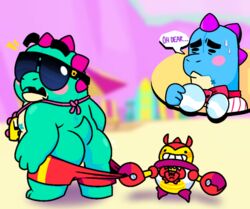 ass beach brawl_stars buzz_(brawl_stars) dinosaur machine male_focus male_only no_humans overweight_male reptile robot seaside slightly_chubby stitches supercell sweat tick_(brawl_stars) yukki_starr