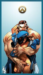 1boy 2d absurdres ana_amari arms_up beard beret between_legs black_hair blizzard_entertainment blue_border blue_coat blue_headwear border breast_grab breasts brown_eyes captain_amari cheunchin coat couple dark-skinned_female dark_skin english_commentary eye_of_horus facial_hair facial_tattoo female grabbing hair_over_one_eye hand_between_legs hat height_difference highres hug hug_from_behind implied_fingering interracial long_coat long_hair multicolored_hair muscular muscular_male naked_coat navel one-eyed overwatch overwatch_(logo) reinhardt straight streaked_hair tattoo thighs unaligned_breasts veins veiny_arms younger