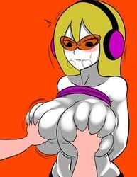 areolae big_breasts blonde_hair blush breast_focus breast_fondling breast_grab breast_squeeze daisuki_rap_(rhythm_tengoku) disembodied_hand expressionless female headphones heavy_breathing huge_breasts looking_down love_rap_(rhythm_heaven) mc_adore moimorimorio nintendo nipples rhythm_heaven rhythm_heaven_fever rhythm_tengoku shirt_lift shirt_up simple_background simple_eyes soft_breasts solo sora_(rhythm_tengoku) steamy_breath tagme visible_breath white_body white_skin yellow_hair