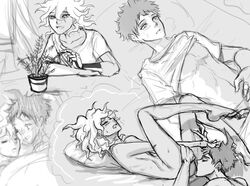 2boys anal anal_sex anilingus bed closed_eyes danganronpa danganronpa_3 eating_ass fantasy gay greyscale hinata_hajime imagining laying_down laying_on_bed legs_up licking_ass looking_pleasured male male/male male_only monochrome nagito_komaeda on_back on_bed plant rimjob rimming rimming_male robotic_arm shirt_lift shirt_up straight_hair yaoi yndr4hope