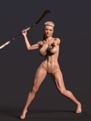 1girls 3d blonde_hair brown_eyes completely_naked completely_nude completely_nude_female fit_female holding_weapon hourglass_figure king-of-the-dome large_breasts looking_at_viewer naked nude nude_female pointing_at_viewer pussy shaved_pussy thick_thighs