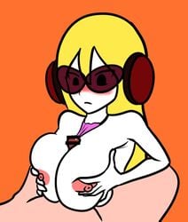 areolae big_breasts blonde_hair blush daisuki_rap_(rhythm_tengoku) expressionless female headphones huge_breasts looking_down love_rap_(rhythm_heaven) mc_adore moimorimorio nintendo nipples paizuri rhythm_heaven rhythm_heaven_fever rhythm_tengoku shirt_between_breasts simple_background simple_eyes solo sora_(rhythm_tengoku) tagme visible_breath white_body white_skin yellow_hair