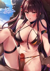 1boy against_rock beach bikini black_bikini blush breasts censored dark-skinned_female dark_skin erection eyebrows_visible_through_hair female girls'_frontline half_updo highres imminent_penetration imminent_vaginal large_breasts long_hair mosaic_censoring multicolored multicolored_bikini multicolored_clothes one_side_up orange_bikini penis purple_hair red_eyes reward_available shore solo_focus straight swimsuit tsuki_tokage wa2000_(girls'_frontline)