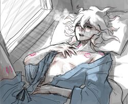 1boy bite bite_mark bite_marks danganronpa danganronpa_2:_goodbye_despair drooling hospital hospital_bed hospital_gown hot_breath male male_focus male_only nagito_komaeda on_back on_bed one_eye_closed open_clothes open_mouth robe solo solo_focus straight_hair sweat visible_breath yndr4hope