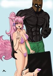 1boy 1girls big_breasts big_penis bikini black_skin breasts cat_ears cellphone farfadox flushed grabbing_ass indie_virtual_youtuber latam_virtual_youtuber looking_at_viewer muscular_male nekomimi peace_sign pink_eyes pink_hair ponytail posing ring smile suwie sweat swimsuit tagme thick_thighs thighs touching_penis virtual_youtuber vtuberfanart winkvtuber