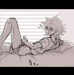 1boy caught caught_masturbating clothing danganronpa danganronpa_2:_goodbye_despair embarrassed greyscale holding_penis looking_at_viewer looking_back male male_focus male_only masturbation monochrome nagito_komaeda penis precum solo solo_focus straight_hair surprised underwear underwear_down yndr4hope