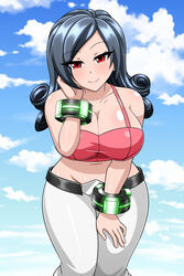 1girls alternate_breast_size alternate_hairstyle belt blue_hair bracelet bracelets breasts crop_top game_freak glowing_bracelets gym_leader large_breasts long_hair navel nintendo pants pink_crop_top pokemon pokemon_hgss pokemon_rgby red_eyes sabrina_(pokemon) sabrina_(pokemon_hgss) seductive smile solo solo_female solo_focus thighs yensh