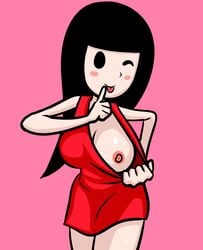 black_hair breasts dress dress_pull female female_only finger_over_mouth girl_(rhythm_heaven_fever) mob_face moimorimorio nintendo red_dress rhythm_heaven rhythm_heaven_fever simple_background simple_face tagme wink