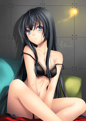 black_bra black_hair black_panties black_underwear blue_eyes bra breasts cleavage clothing female k-on! legs lingerie long_hair long_legs medium_breasts mio_akiyama_(k-on!) pantsu potential_duplicate solo strap_slip tid tidsean underwear very_long_hair