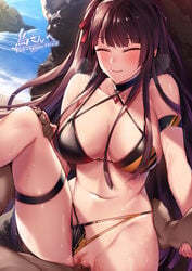 1boy against_rock beach bikini bikini_aside black_bikini breasts censored dark-skinned_male dark_skin eyebrows_visible_through_hair female girls'_frontline half_updo highres large_breasts long_hair mosaic_censoring multicolored multicolored_bikini multicolored_clothes one_side_up orange_bikini penis purple_hair pussy red_eyes reward_available sex shore solo_focus straight swimsuit tsuki_tokage vaginal_penetration wa2000_(girls'_frontline)