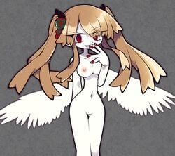 angel_wings belly_button breasts brown_hair eyes_visible_through_hair funamusea funamusea_(artist) nipples nude nude_female official_art red_eyes red_nails rigatona the_gray_garden twintails white_skin