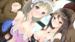 2boys 2girls arm_behind_back arm_grab assisted_exposure atelier_(series) atelier_totori blush borubikku breasts brown_eyes brown_hair cecilia_helmold commentary_request dark-skinned_male dark_skin faceless faceless_male glaring hair_ornament headdress highres imminent_rape jewelry large_breasts long_hair looking_at_viewer multiple_boys multiple_girls nipples pendant restrained small_breasts tears torn_clothes totooria_helmold undressing_another wavy_mouth