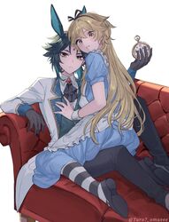 2boys aether_(genshin_impact) alice_in_wonderland alice_liddell alice_liddell_(cosplay) amber_eyes blonde_hair bunny_ears crossdressing femboy gay genshin_impact gold_eyes green_hair stockings taro7_omaeee twink xiao_(genshin_impact) yaoi