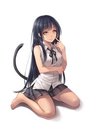 bare_knees barefoot bent_knees black_hair black_ribbon black_skirt cat_tail clothing feet female finger_on_cheek full_body golden_eyes high_resolution kneeling knees legs lips long_hair long_legs looking_at_viewer oerba_yun_fang original pointing_at_own_head ribbon school_uniform shirt simple_background sitting skirt sleeveless sleeveless_shirt smile solo straight_hair tagme tail tidsean uniform wariza white_background white_shirt yellow_eyes