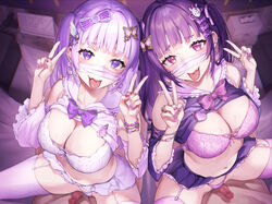 2boys 2girls bangs bare_shoulders blush bra bracelet breasts censored cleavage clothes_lift collarbone cowgirl_position ear_piercing eyebrows_visible_through_hair fingernails french_tip garter_straps hair_ornament hairclip highres jewelry large_breasts light_purple_hair long_hair long_nails looking_at_viewer mosaic_censoring multiple_boys multiple_girls nail_art nail_polish navel oerba_yun_fang original penis piercing pink_nails purple_hair purple_nails ring sage_joh shirt_lift skin_fang smile straddling tongue tongue_out underwear