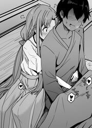 1boy bangs blanket blush braid canon_couple clothing collarbone female greyscale h2o_(ddks2923) hakama hakama_skirt handjob heart highres japanese_clothes kirigaya_kazuto long_hair long_sleeves masturbation monochrome open_mouth parted_bangs shirt shirt_tucked_in short_hair short_sleeves sitting skirt spoken_heart stealth_masturbation straight sword_art_online yuuki_asuna