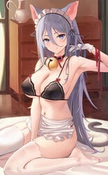 :> animal_ears apron armpits bare_arms bare_shoulders bell between_legs black_bra black_choker black_underwear bra breasts cat_girl cat_tail choker clavicle cleavage closed_mouth clothing covered_erect_nipples duplicate erect_nipples erect_nipples_under_clothes female female garter_straps gloves grey_hair hair_between_eyes indoors jingle_bell large_breasts lingerie long_hair looking_at_viewer maid maid_apron maid_headdress navel nekomimi nipples no_shoes oerba_yun_fang on_floor one_arm_up original pantsu purple_eyes red_ribbon ribbon sitting skindentation smile solo stomach strap_gap string_bra string_panties tagme tail thighhighs thighs underwear underwear_only very_long_hair waist_apron wariza white_gloves white_legwear yumaomi