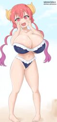 1girls bandeau bandeau_bikini bikini cleavage cleavage_cutout dragon_girl dragon_horns hand_on_head huge_breasts ilulu_(dragon_maid) light-skinned_female light_skin looking_at_viewer miss_kobayashi's_dragon_maid pussy_juice red_eyes shortstack taylormoon twintails voluptuous wet wet_skin