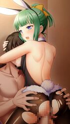 1boy animal_ears ass_grab backless_outfit bangs black_hairband black_legwear black_leotard blue_eyes blunt_bangs bow breasts brown_hair couple cowgirl_position doukyuusei_another_world eyebrows_visible_through_hair fake_animal_ears fake_tail female game_cg green_hair hairband hairbow high_ponytail iijima_miyuki indoors kakyuusei leotard medium_breasts nipples official_art open_mouth pantyhose penis playboy_bunny rabbit_ears rabbit_tail sex shiny shiny_hair short_hair shoulder_blades straight sweatdrop tail tied_hair torn_clothes torn_legwear vaginal_penetration yellow_bow